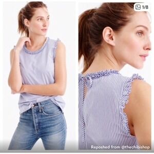 J.Crew Navy Blue White Striped Ruffle Sleeveless Tie Back‎ Top Women's Size 14